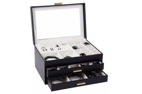 EDELWOLLE (506-2) BŐR FIÓKOS ÉKSZERTARTÓ DOBOZ, FEKETE